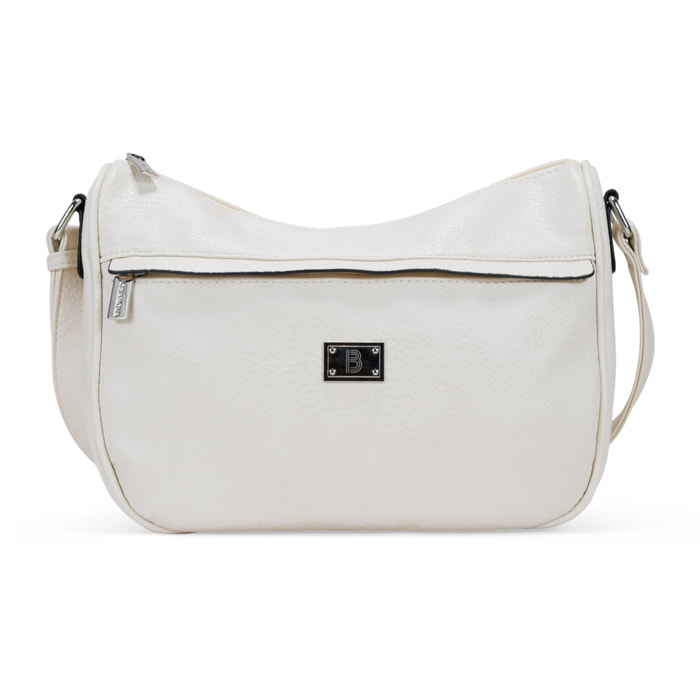 Bolso bandolera beige con bolsillo frontal y logo