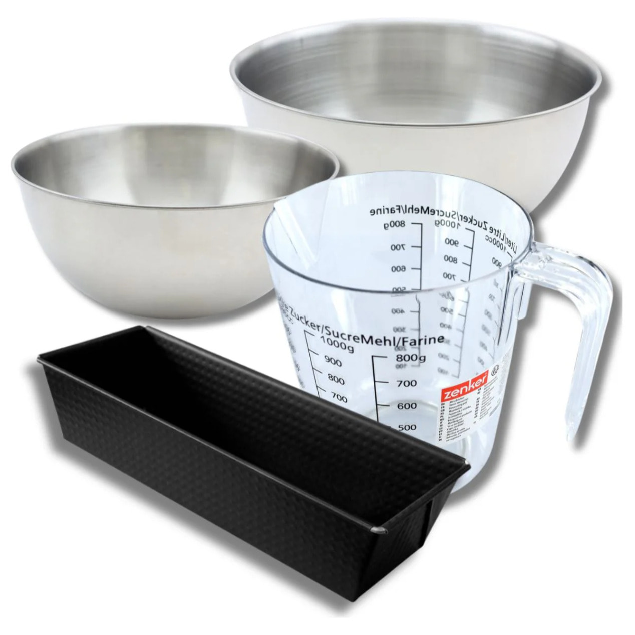 Set pâtisserie avec moule à cake, 2 bols à mixer, verre mesureur et spatule Zenker