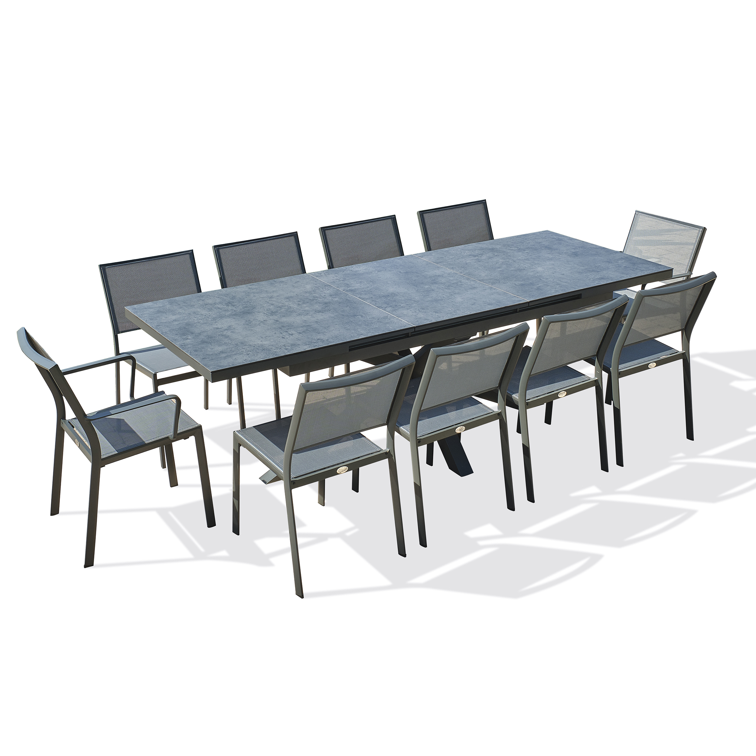 CAICOS - Ensemble repas de jardin 10 places en aluminium avec HPL effet marbre