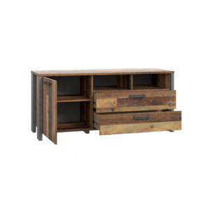Meuble TV en bois avec 3 portes L142cm effet bois vieilli - FRED