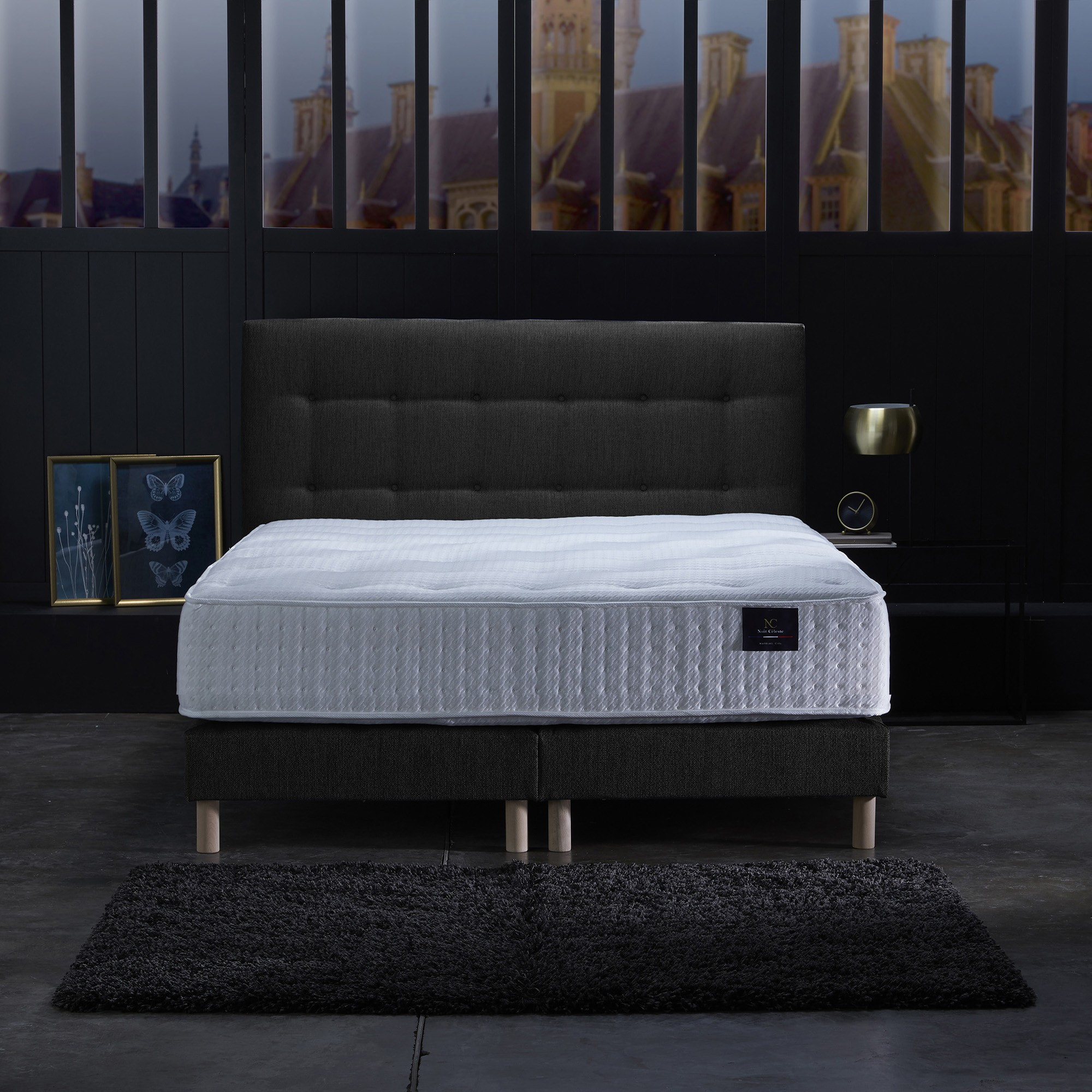 Ensemble Séléné - Matelas ressorts ensachés Accueil latex - Sommier Gris Anthracite