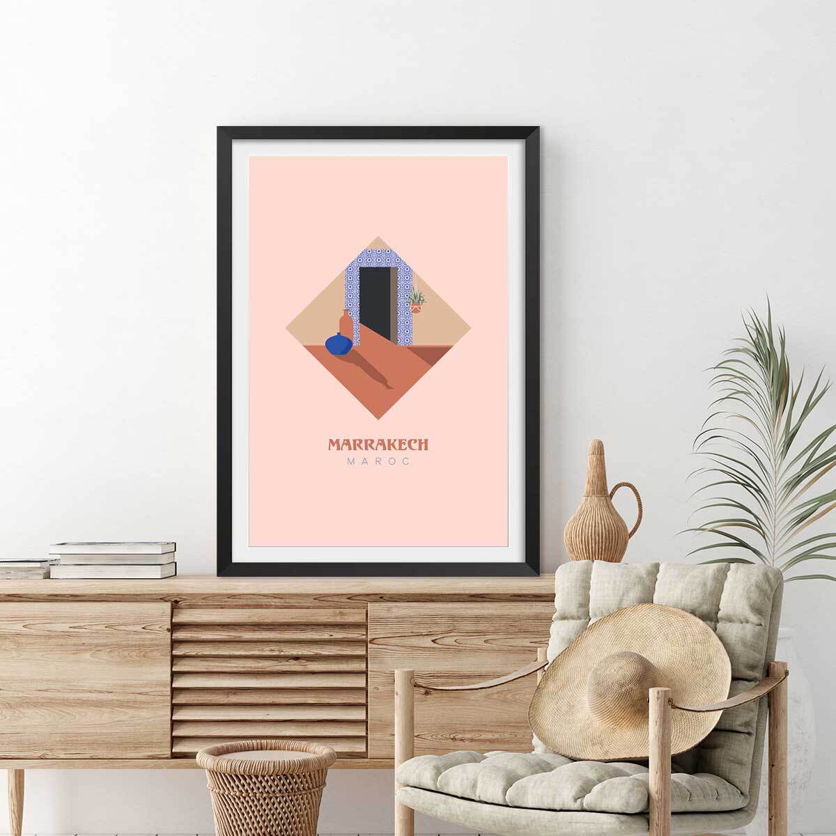 Affiche illustration graphique marrakech maroc Affiche sous cadre noir