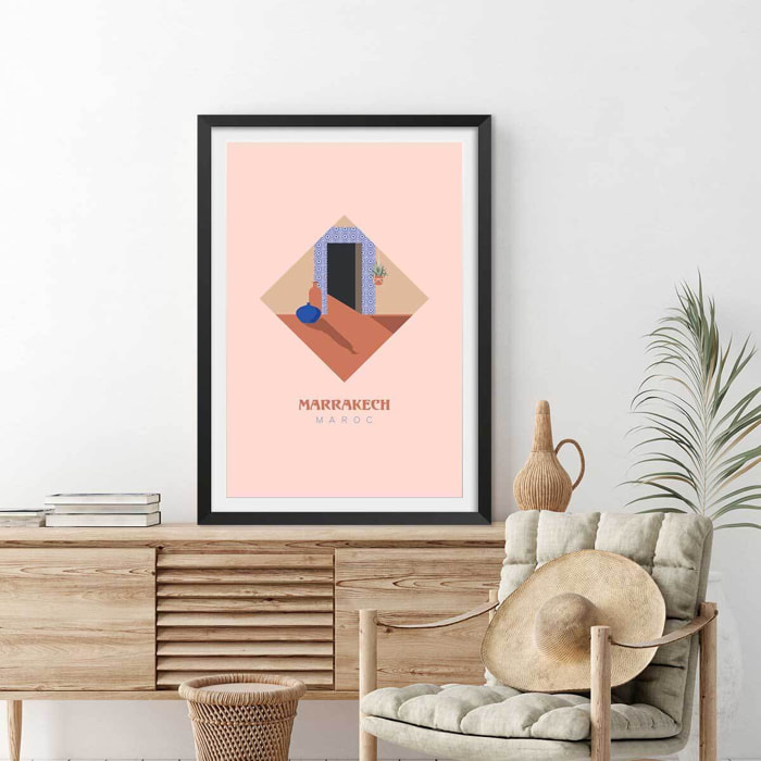 Affiche illustration graphique marrakech maroc Affiche sous cadre noir