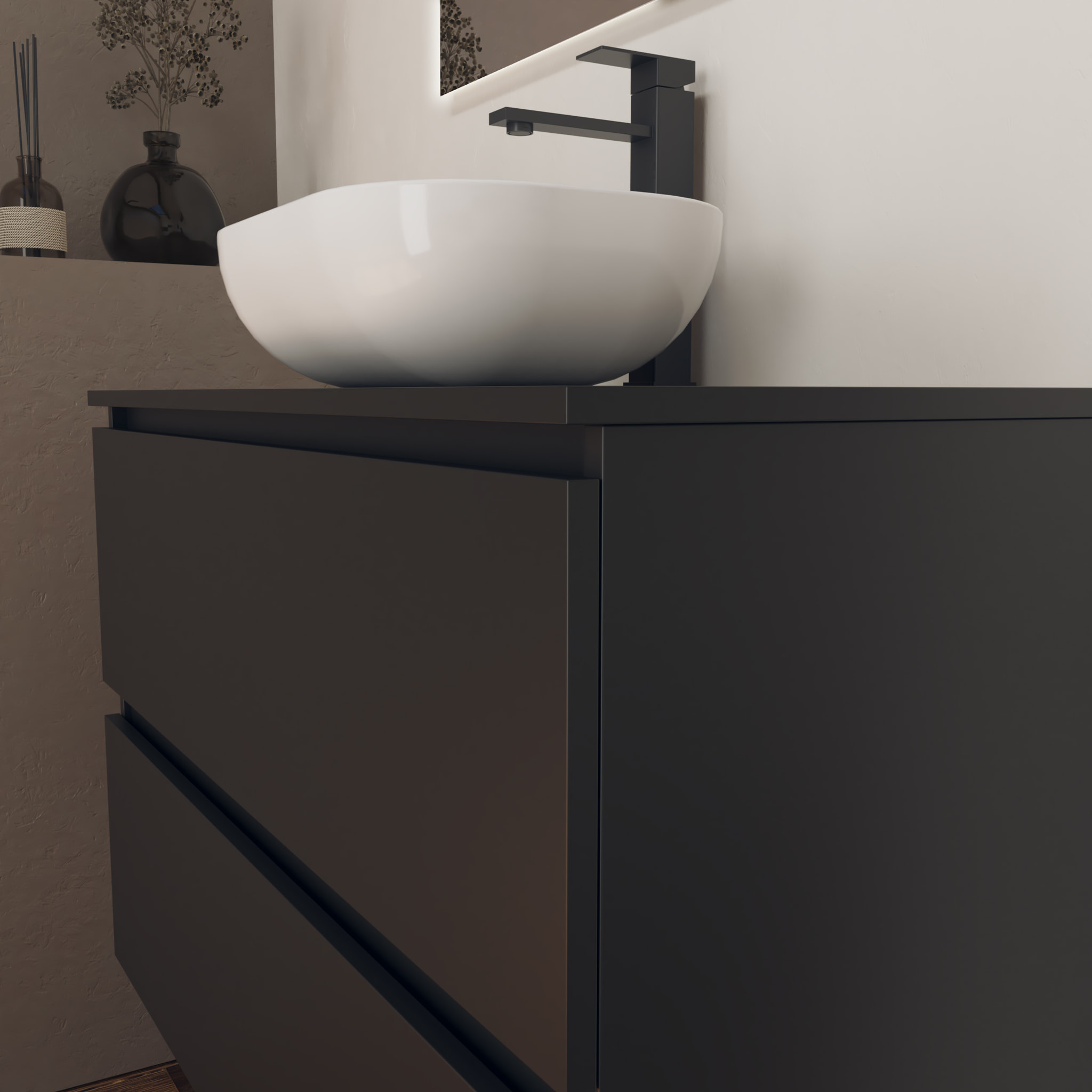Ensemble Salle de Bain Kaji | 100 cm Noire | Deux Tiroirs | Lavabo Rond sur Plan | N'inclut pas le Miroir | Alday