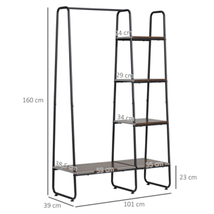 Perchero de Ropa de Madera Perchero Multiusos con 5 Estantes de Almacenaje y Barra para Colgar para Dormitorio Salón Entrada Estilo Industrial 101x39x160 cm Rústico