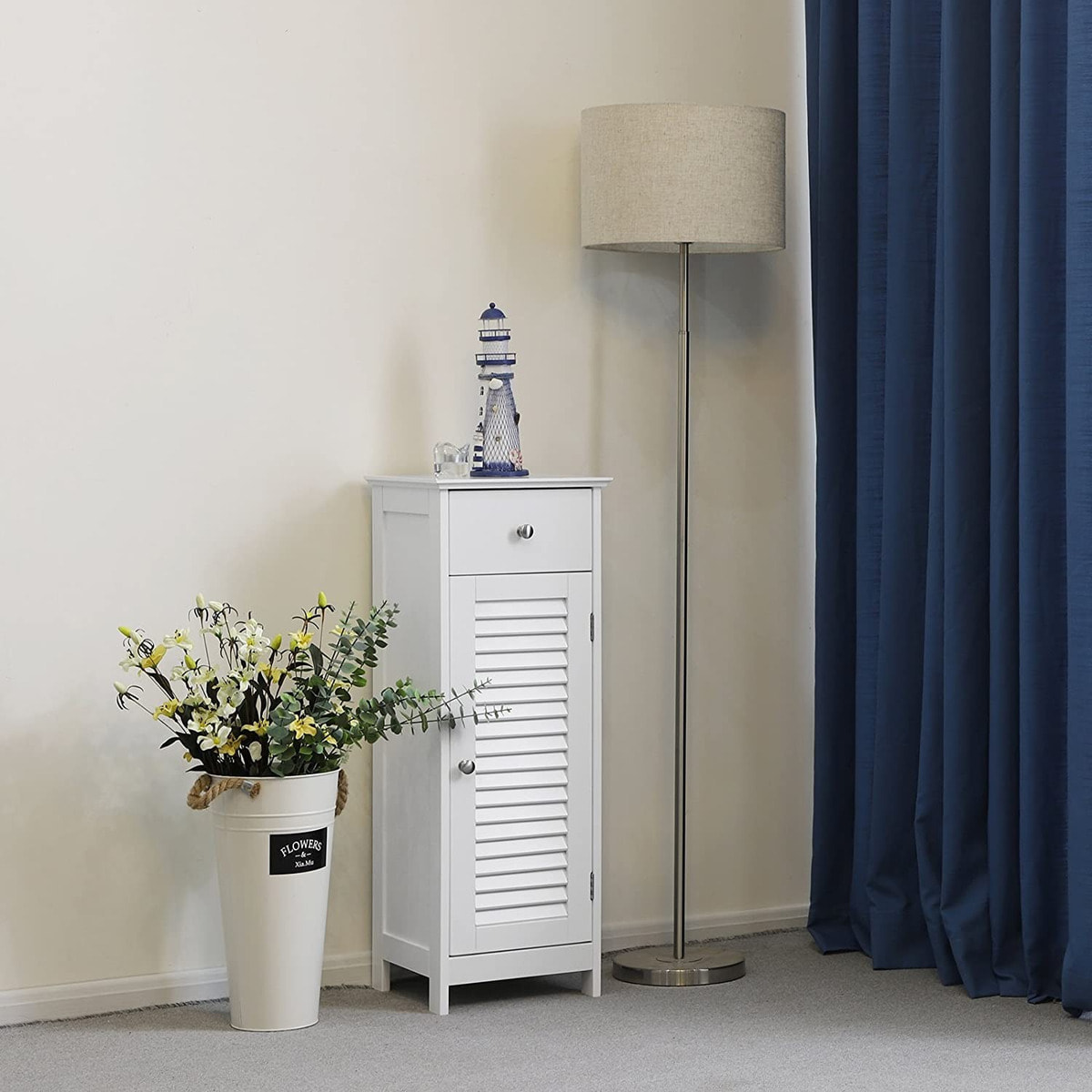 Colonna Bagno Bianca con Cassetto e Ante a Persiana - MDF