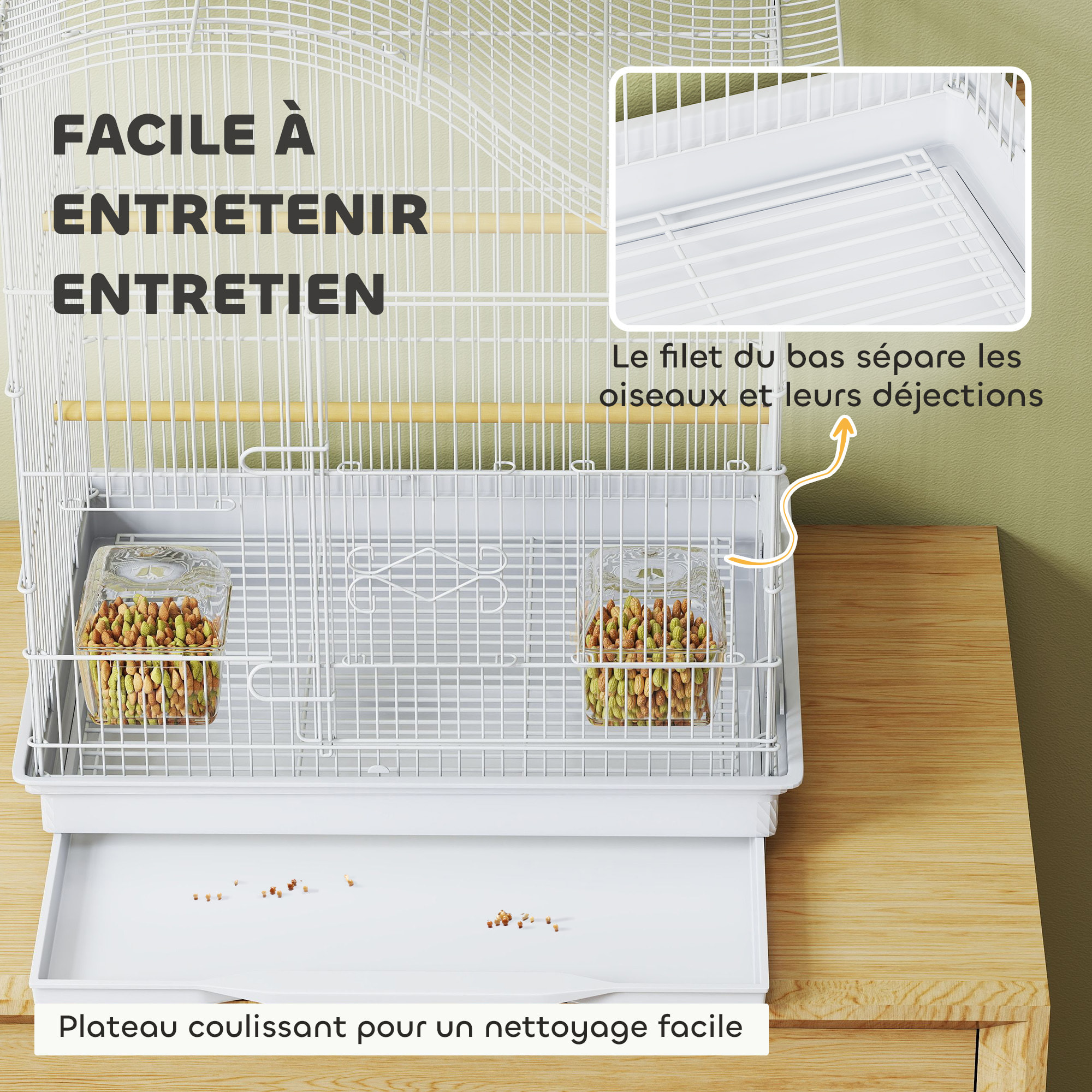 Cage à oiseau 4 portes 2 perchoirs 2 mangeoires plateau coulissant poignée blanc