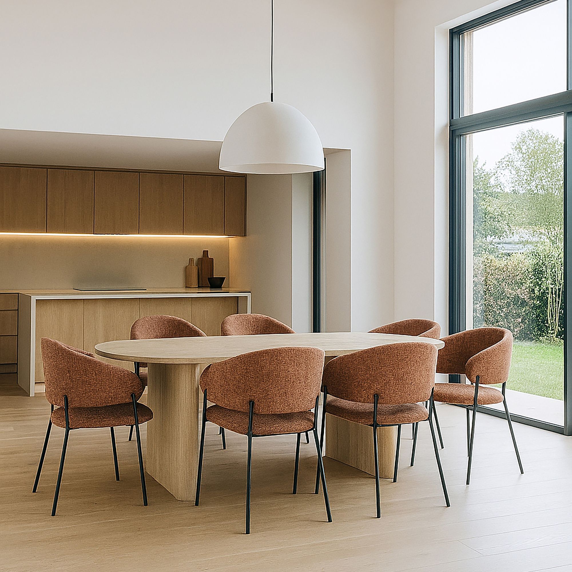 Ensemble table ovale et 6 fauteuils en tissu brique QUITO