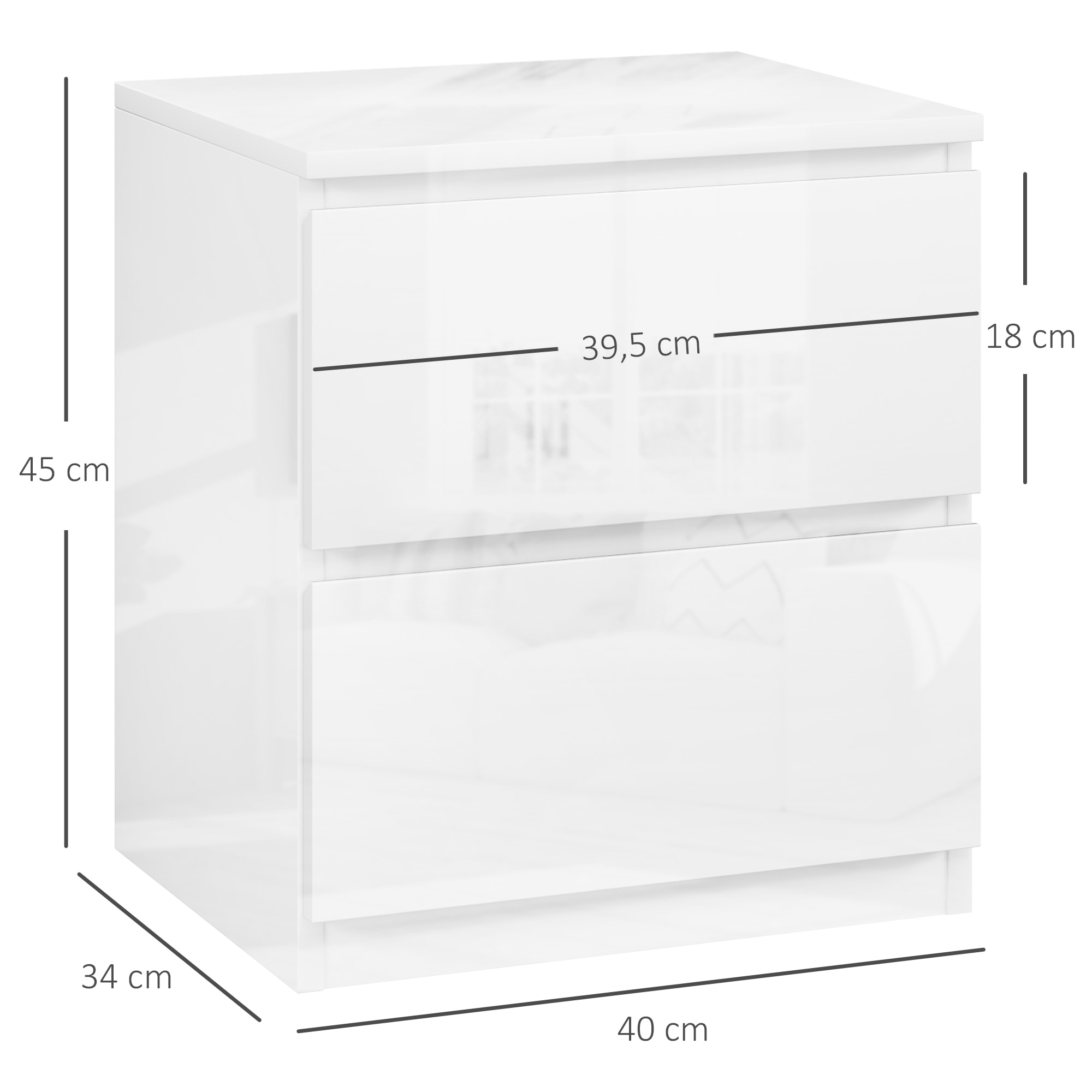 Mesita de Noche Moderna Mesilla de Noche con 2 Cajones Mesa de Noche para Dormitorio Salón 40x34x45 cm Blanco Brillo