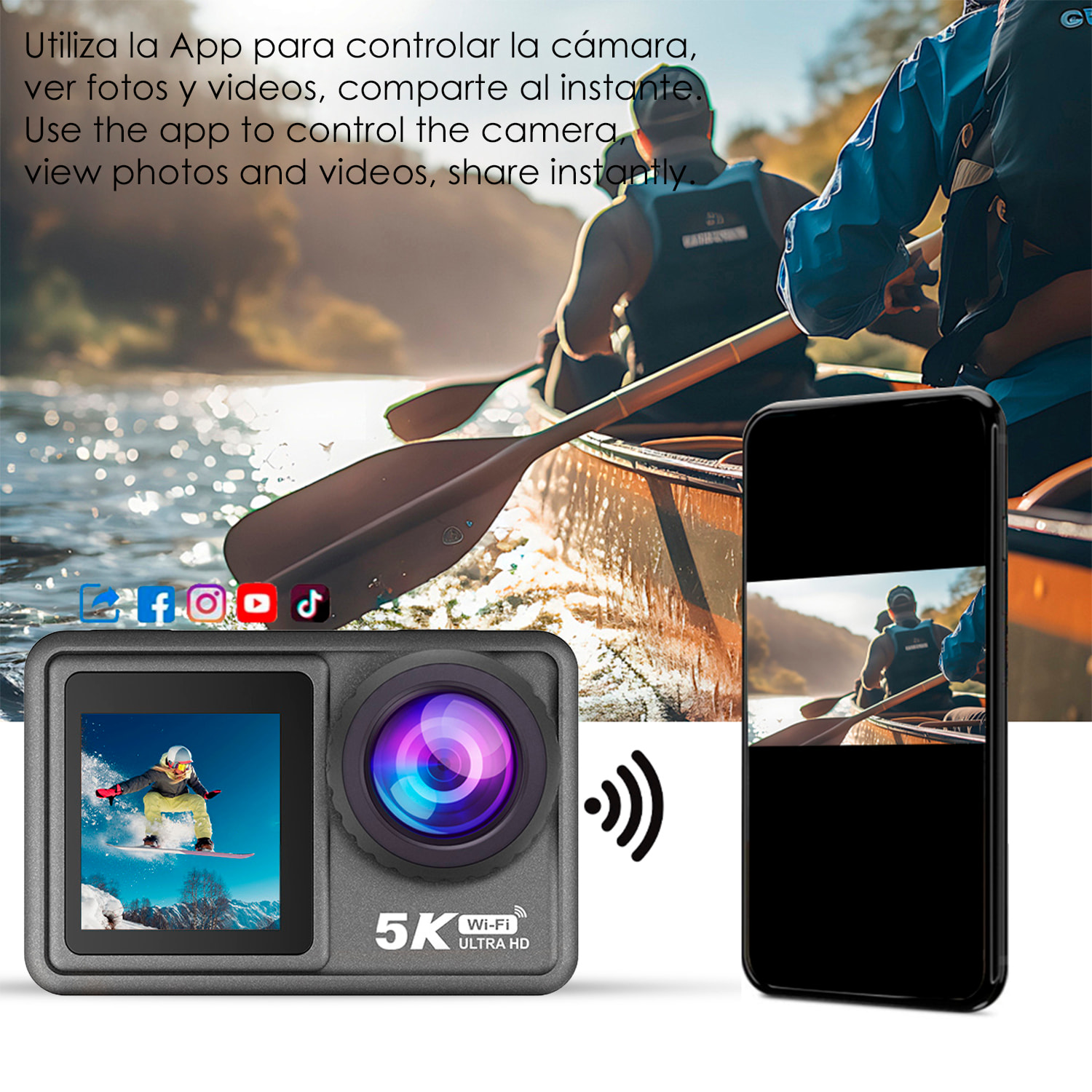 Cámara Deportiva M81 TR 5k 30fps con 50 mpx, doble pantalla de 2" y 1.3", estabilizador de imagen, multitud de accesorios, 6 filtros y WIFI.