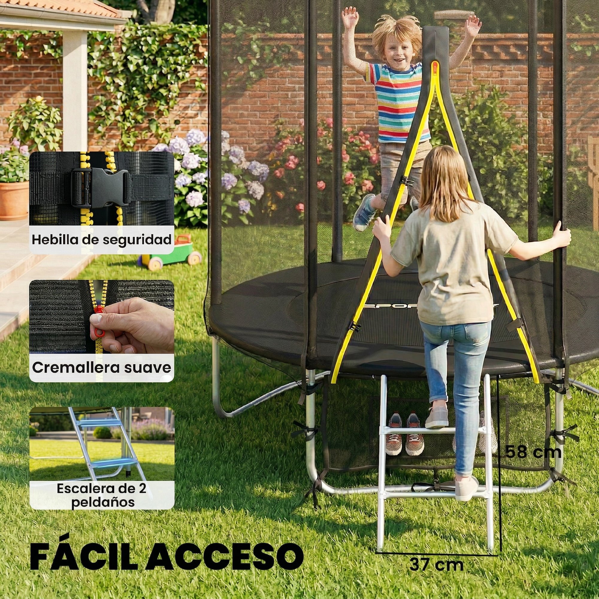 Cama Elástica Niños Exterior Ø183 cm, Trampolín para Niños de +6 Años con Red de Seguridad, Escalera de 2 Peldaños, Cubierta de Muelles, Bolsa de Almacenamiento, Carga 80 kg, Negro