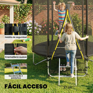 Cama Elástica Niños Exterior Ø183 cm, Trampolín para Niños de +6 Años con Red de Seguridad, Escalera de 2 Peldaños, Cubierta de Muelles, Bolsa de Almacenamiento, Carga 80 kg, Negro