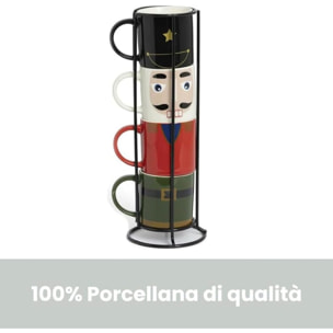 Intrecci – Set 4 tazzine da caffè natalizie in porcellana con supporto impilabile