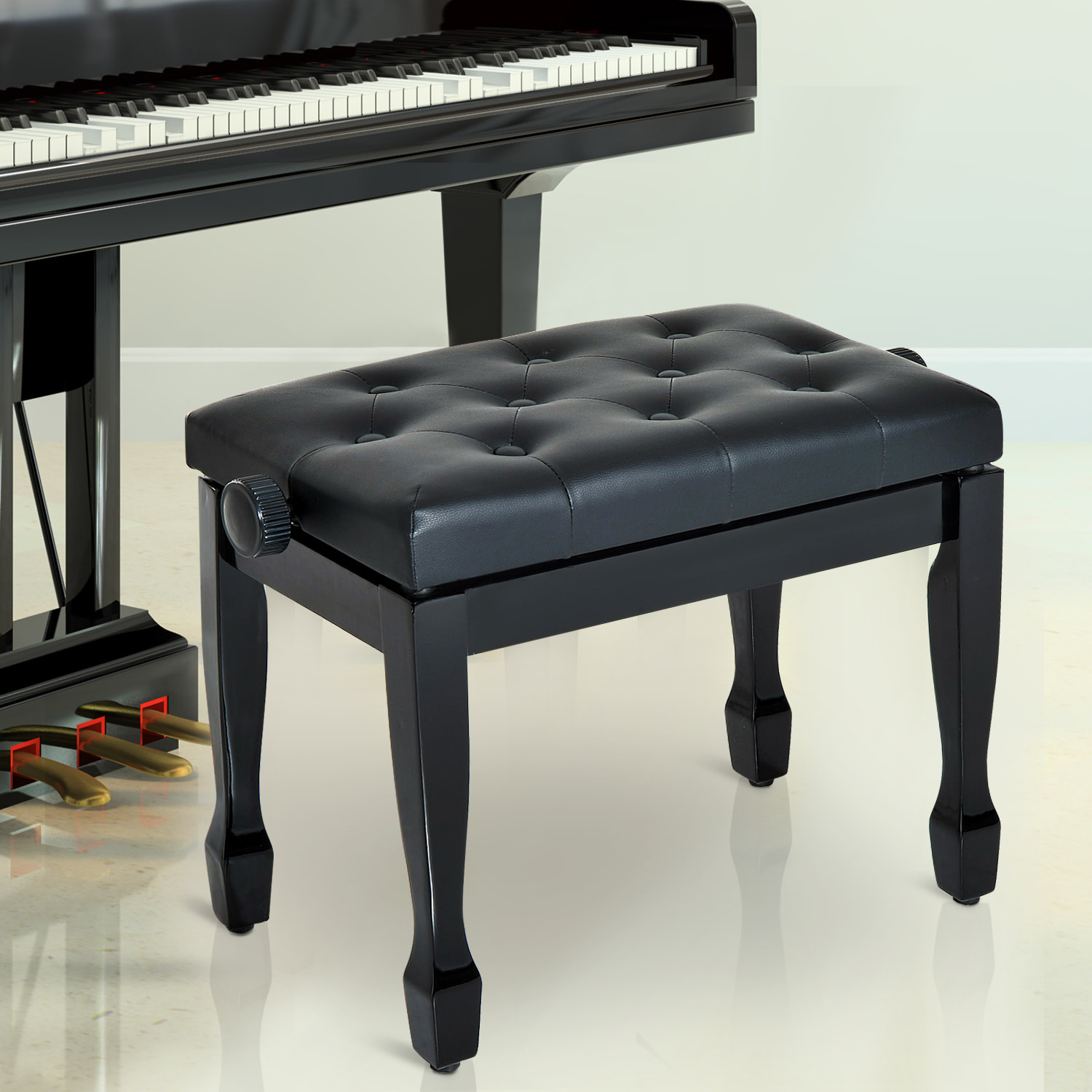 HOMCOM Banco de Piano, Altura Ajustable, Banqueta de Piano con Asiento de Cuero Sintético, Patas de Madera, Carga Máxima 200 kg, 64x35x55 cm, Negro