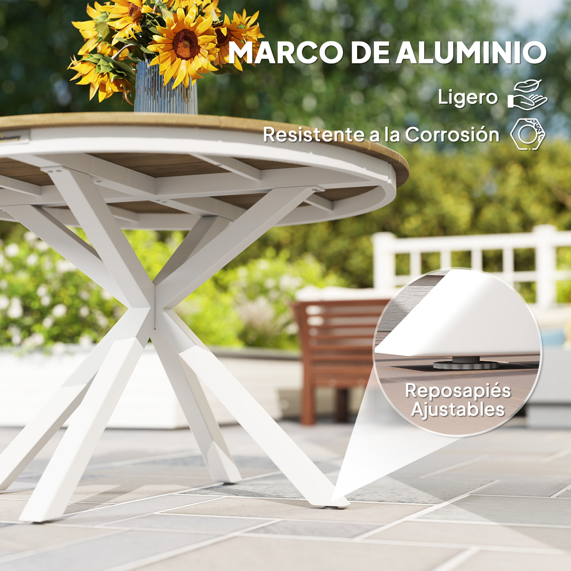 Mesa de Jardín Redonda Mesa de Terraza Exterior Ø118x74 cm con Estructura de Aluminio Patas Cruzadas y Encimera de Listones Carga 70 kg para Patio Balcón Teca