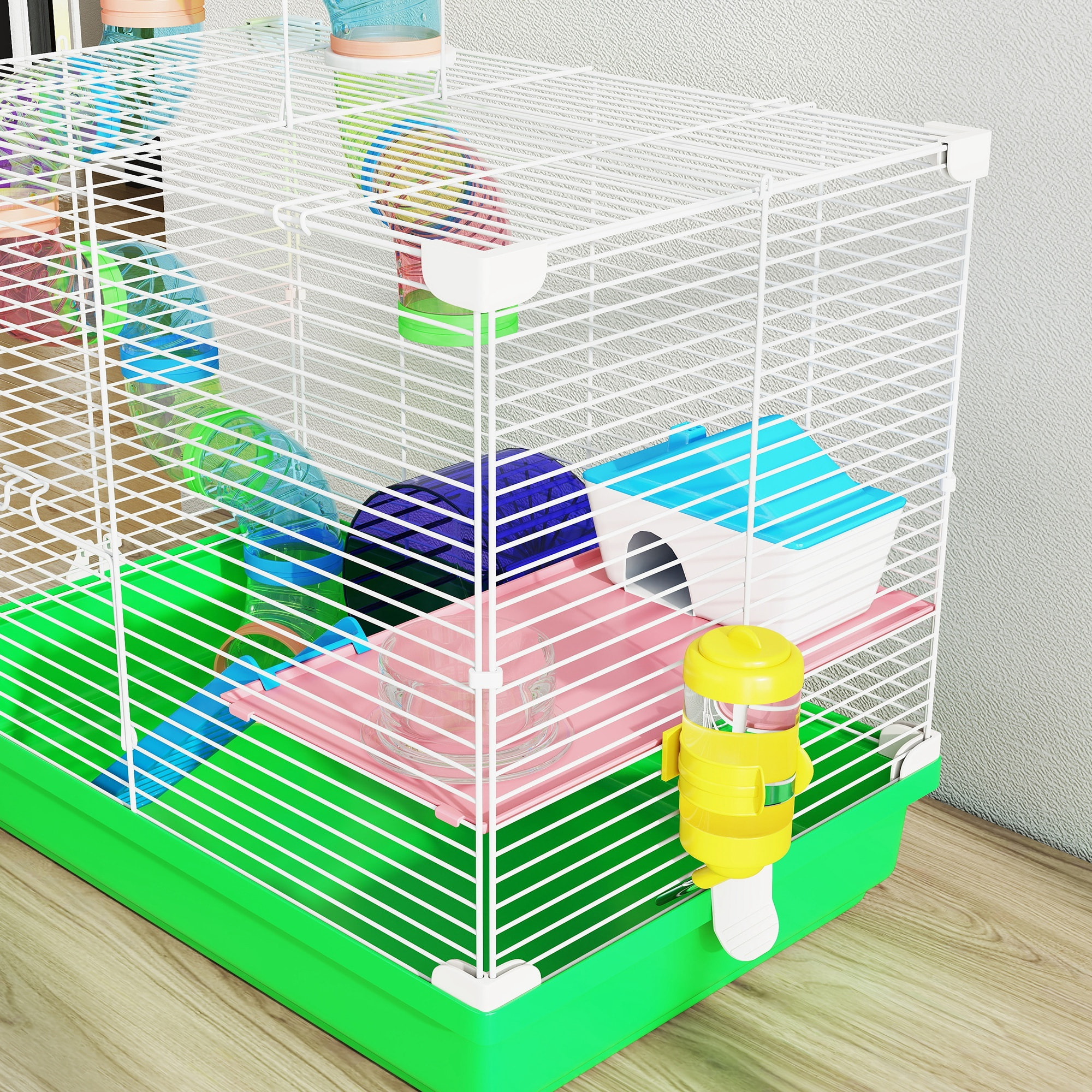 Jaula para Hámster, Casa para Hámster con Túnel, Cuenco, Bebedero, Casita, Rampa, Rueda de Ejercicio, Plataforma y Asa, Bandeja Extraíble, para Ratones y Jerbos, 46x30x37 cm, Verde