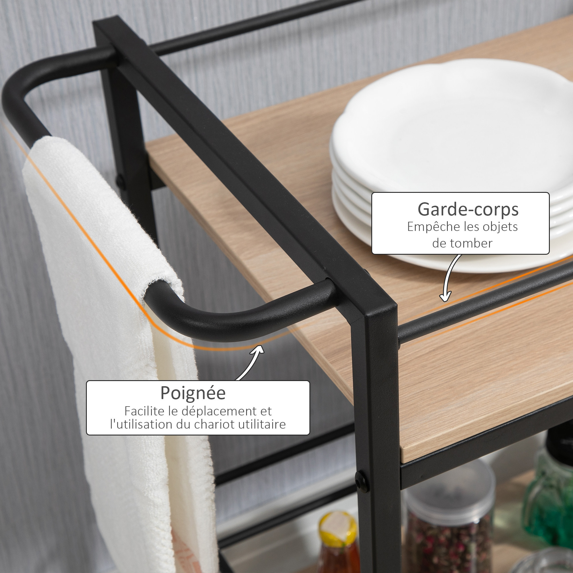 Desserte de cuisine design industriel - plateau, étagère - acier noir aspect bois clair