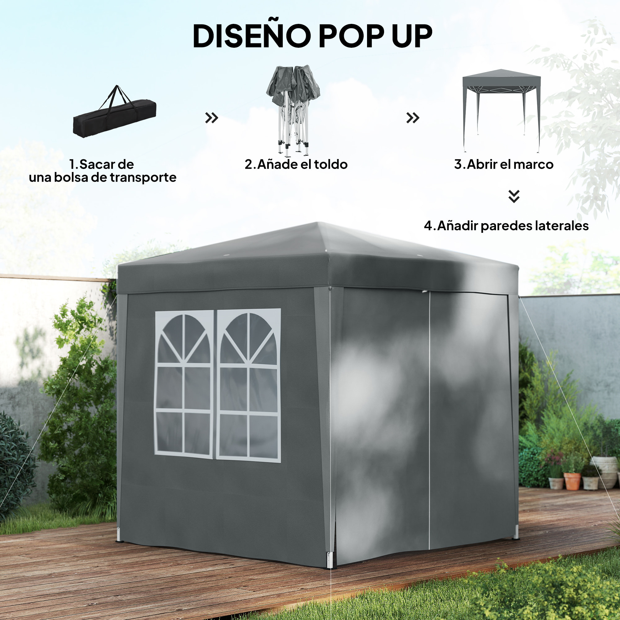Carpa Plegable Pop-up Gazebo 2x2 m Cenador Plegable con 4 Paredes Laterales Anti-UV y Bolsa de Transporte para Camping Fiestas Gris