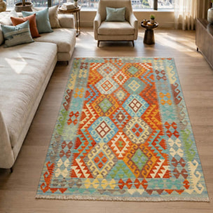 Tapis kilim ethnique authentique, tissé plat en laine naturelle