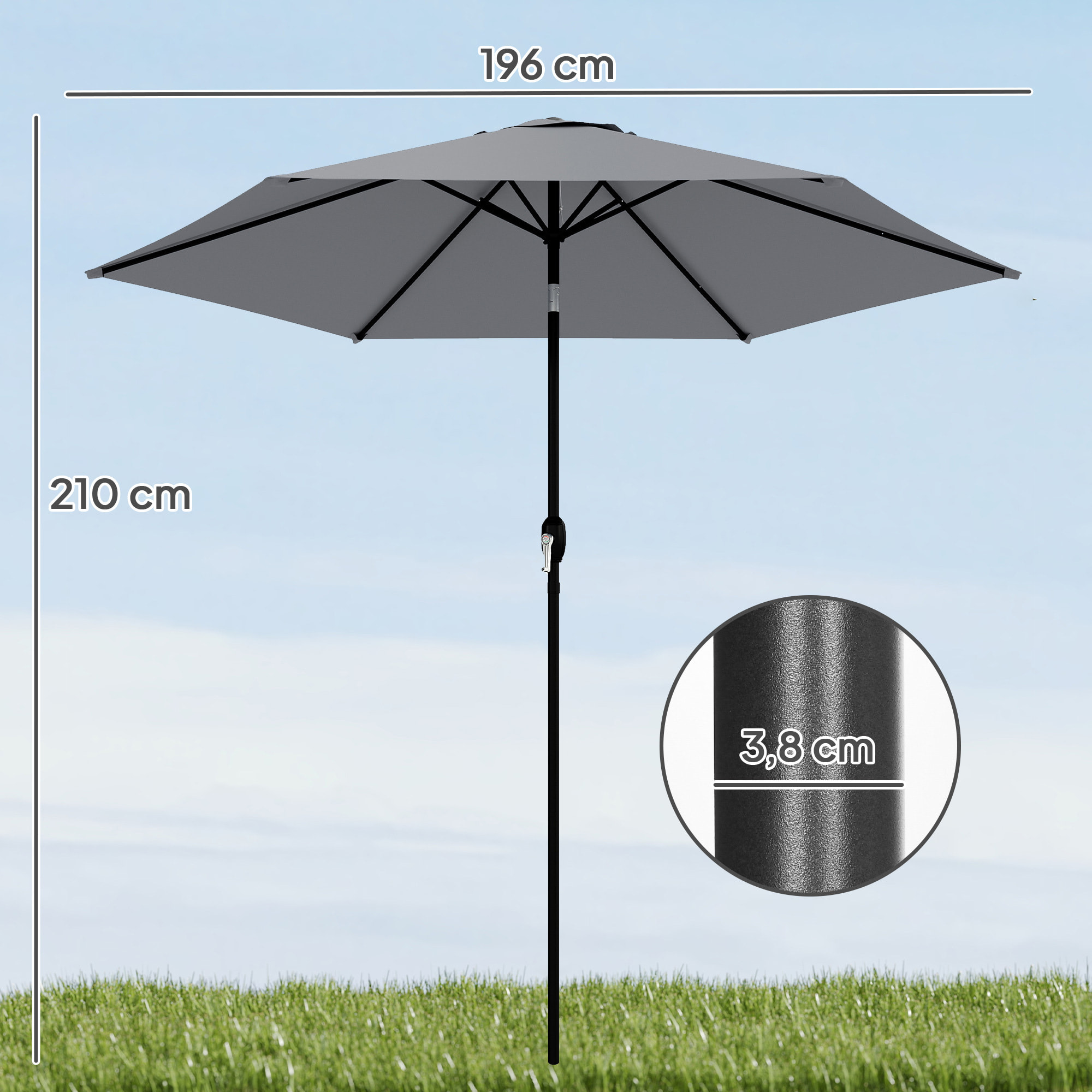 Parasol inclinable manivelle dia. 196 cm métal gris