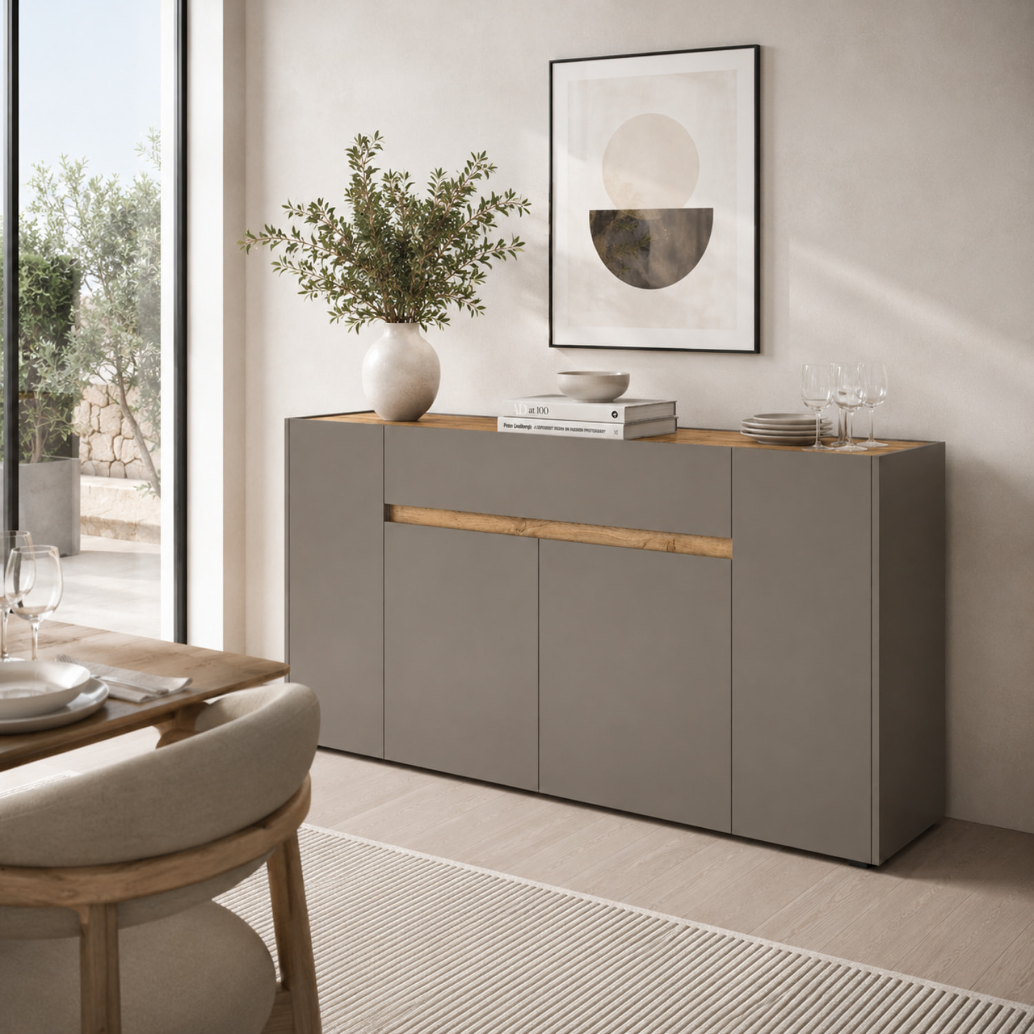 Credenza Moderna Madia In Melaminico Con 4 Ante E 1 Cassetto Mobile Contenitore Sala da Pranzo Soggiorno Design Senza Maniglie 170x85x40 cm Beige