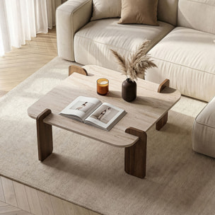 Table basse carrée effet travertin et noyer 90x90cm BROOKLYN