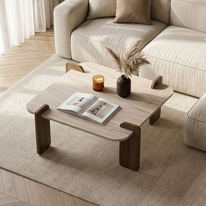 Table basse carrée effet travertin et noyer 90x90cm BROOKLYN