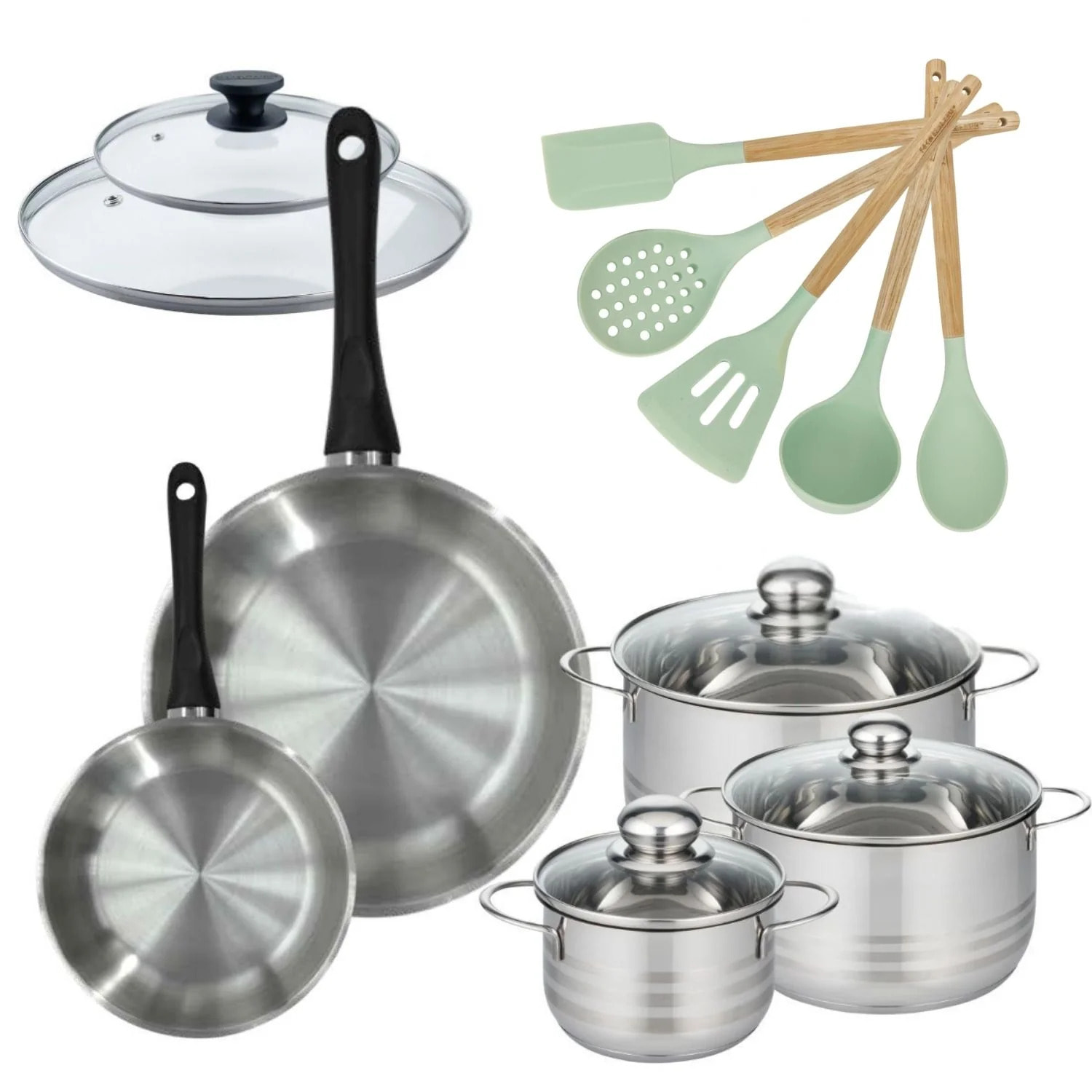 Lot de 2  Poêles avec couvercles et 3 Faitouts 16/20/24 cm Fackelmann Généva avec 5 ustensiles Océan