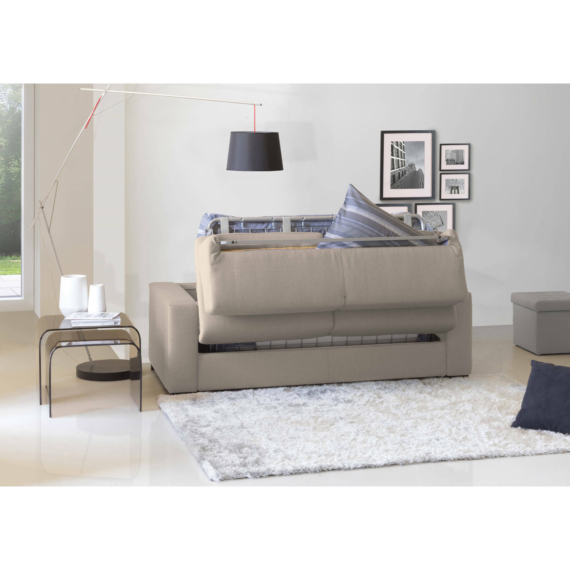 Divano Letto Alicia, Divano a 3 posti, 100% Made in Italy, Sofà Soggiorno con apertura girevole, in tessuto imbottito, con Braccioli slim, Cm 200x95h90, Tortora