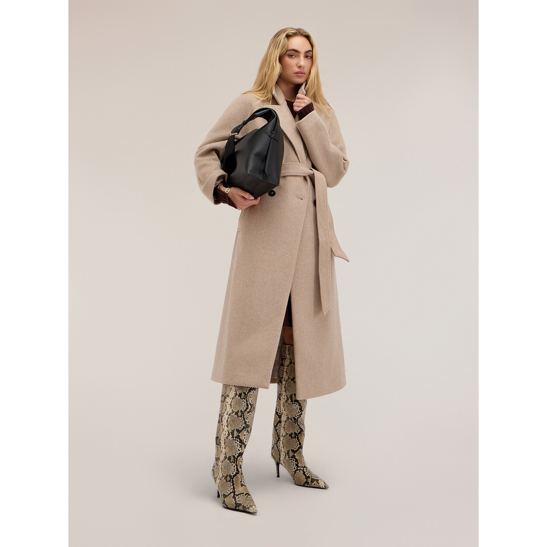 Motivi - Cappotto cinturato in drap misto lana - Beige