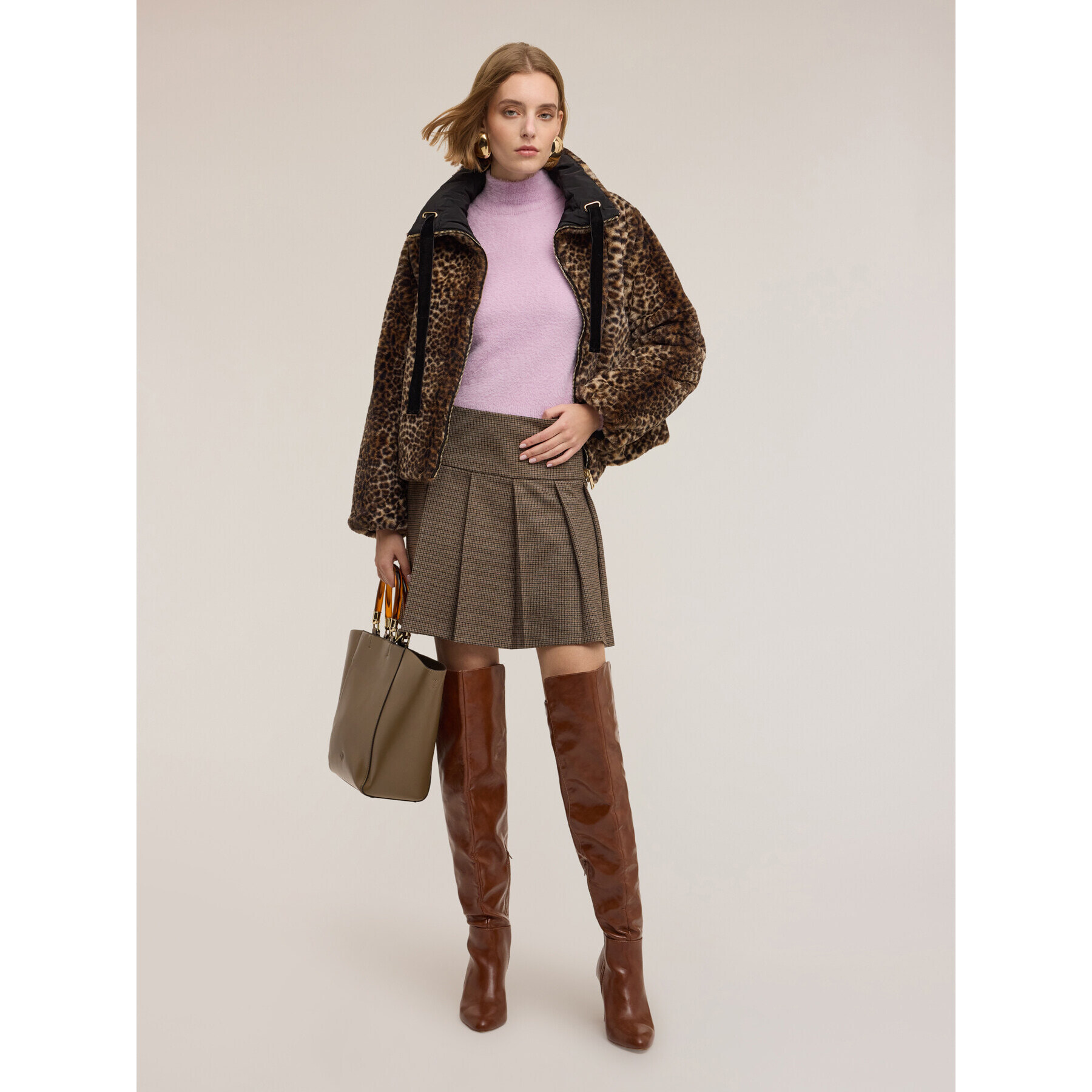 Motivi - Minifalda plisada estampado cuadros - Beige