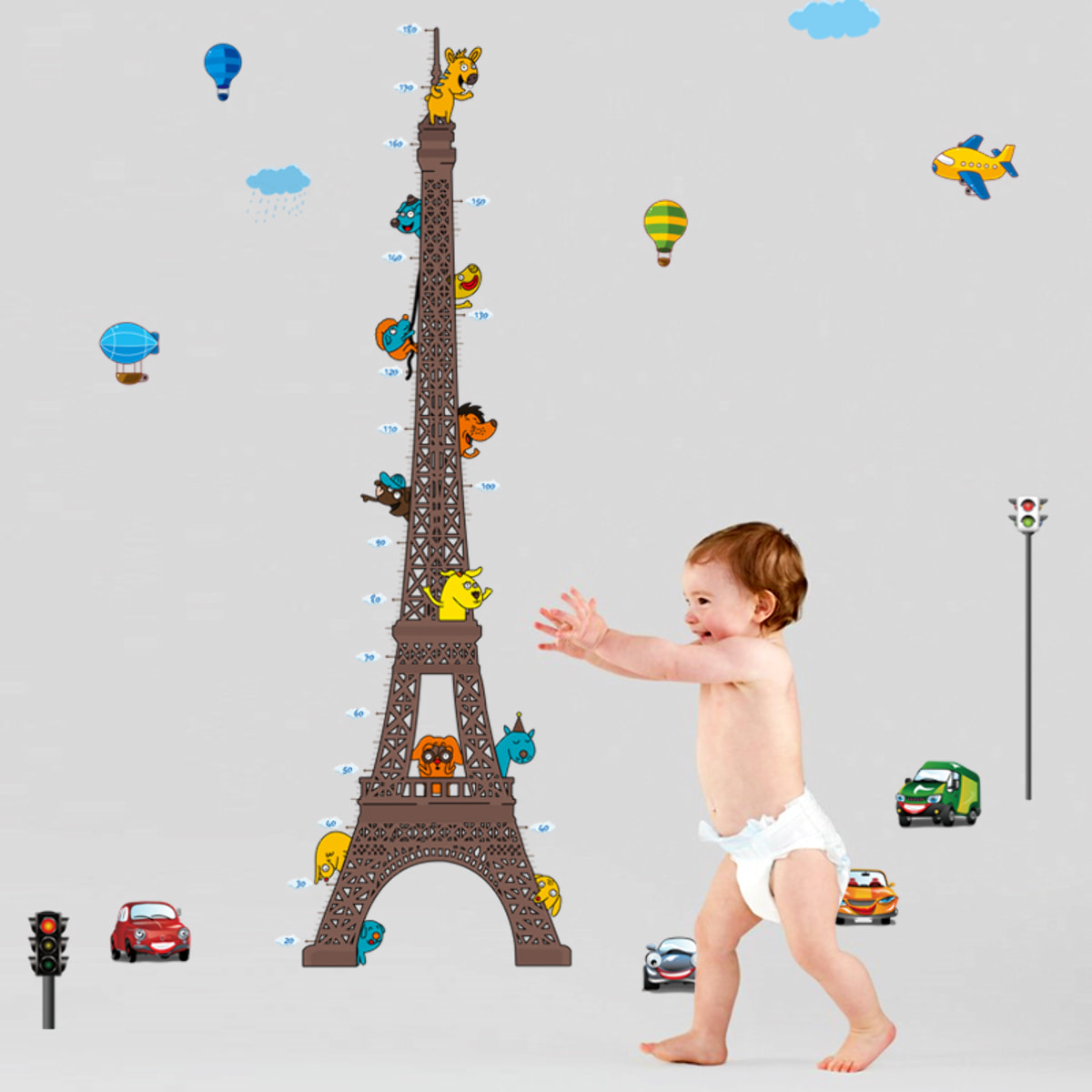 Stickers Muraux décoration adhésifs toise Tour Eiffel pour enfants avec animaux et avions