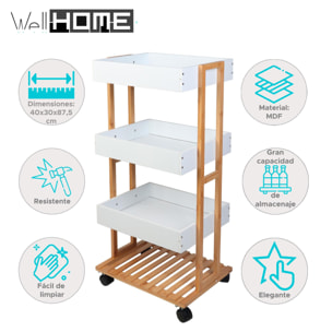 Well home carro de almacenamiento en bambú con 1 estante y 3 bandejas en color blanco 40x30x87,5cm
