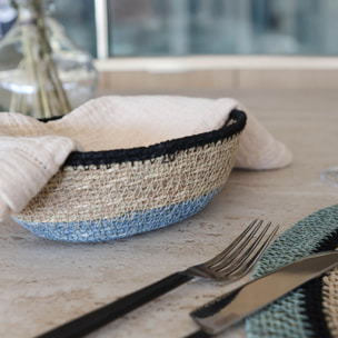 Panier ovale en jonc de mer naturel et bleu d20cm DUNE