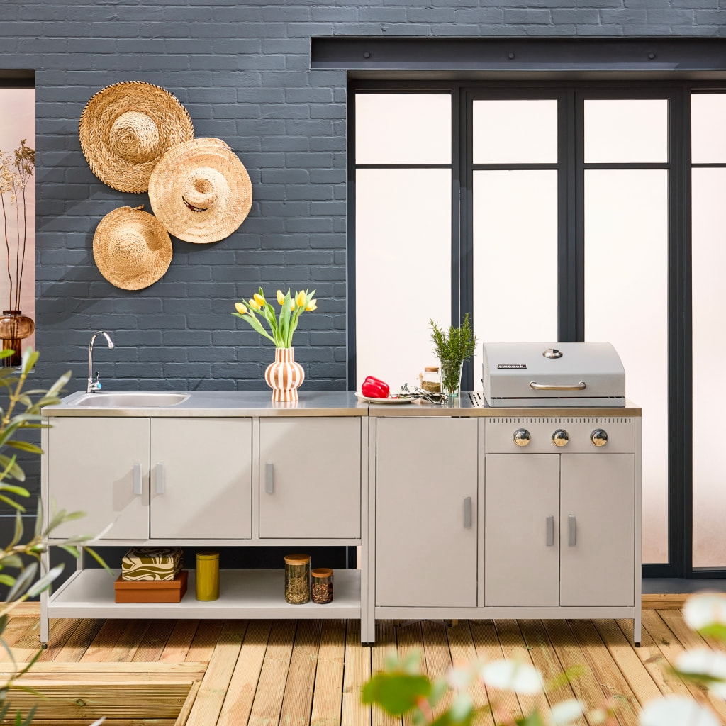 Cuisine extérieure Naxos 2 modules acier inoxydable beige barbecue gaz 3 brûleurs avec évier