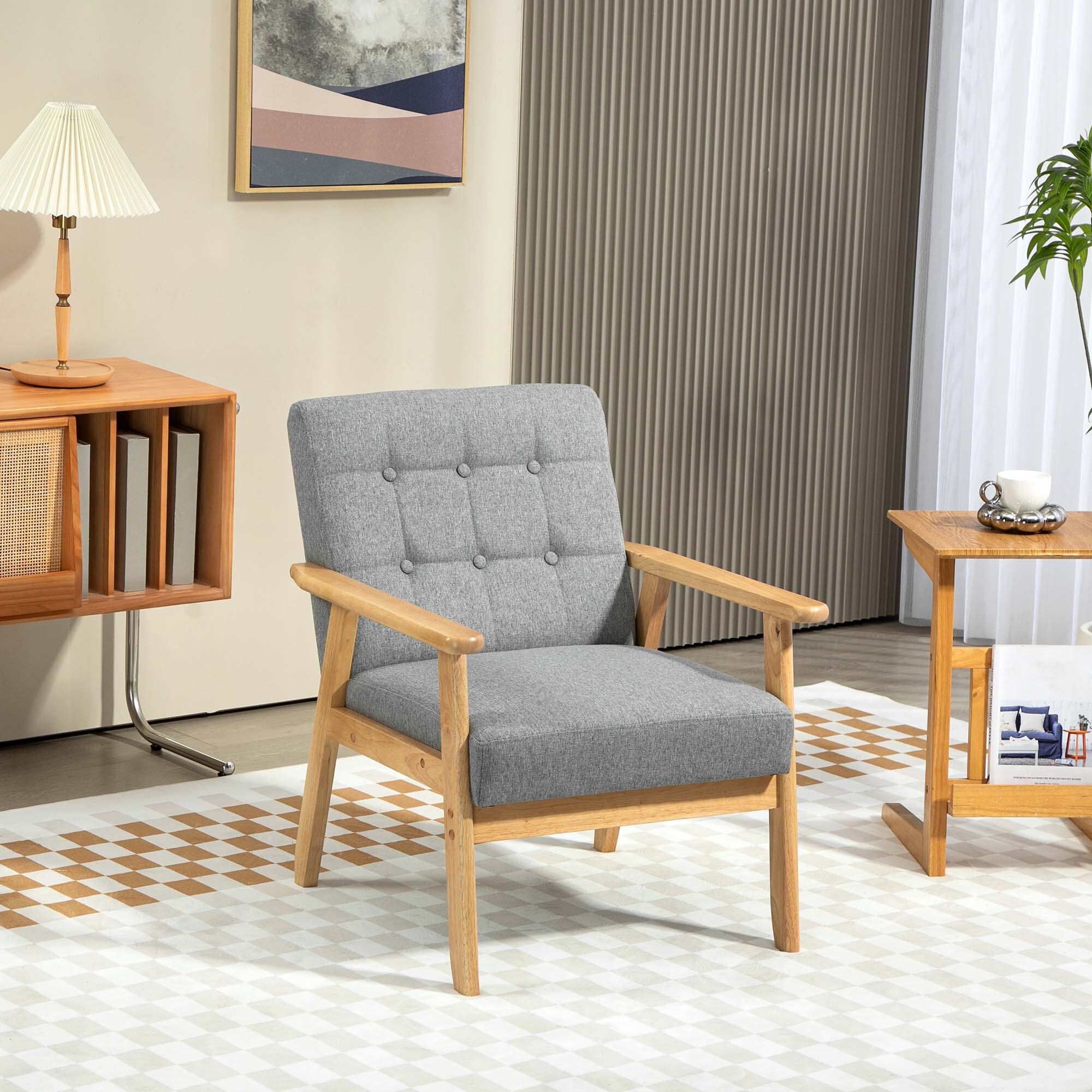 Sillón Individual Sofá Individual Tapizado en Lino con Reposabrazos de Madera Respaldo Acolchado Carga 130 kg Sillón para Salón Dormitorio Gris Claro