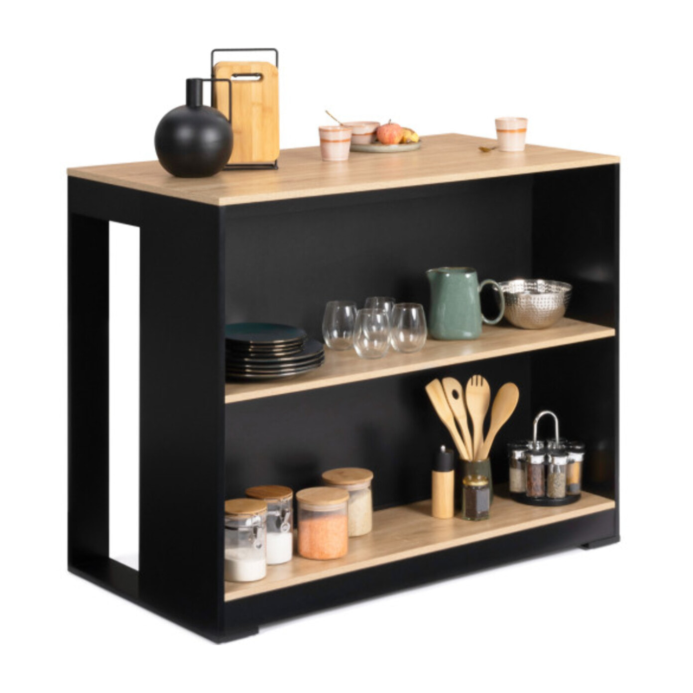 Ilot central de cuisine Nino avec rangements - Bois - Noir