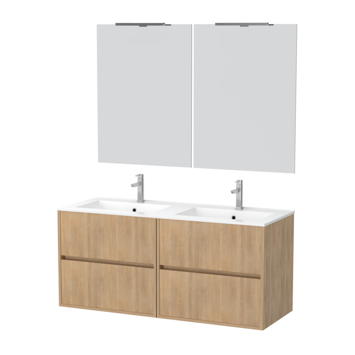 Meuble Salle de Bains 120 cm Chêne Clair 4 Tiroirs, Vasque, Miroirs 60x80 et Réglettes Led - XENOS