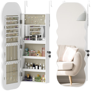 Espejo Joyero con Luz LED de 3 Colores, Armario Joyero Montado en la Pared o en la Puerta, Armario para Joyas con Cerradura, Espejo Entero, Diseño Ondulado, Blanco