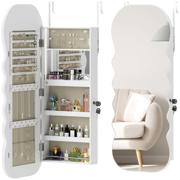 Espejo Joyero con Luz LED de 3 Colores, Armario Joyero Montado en la Pared o en la Puerta, Armario para Joyas con Cerradura, Espejo Entero, Diseño Ondulado, Blanco