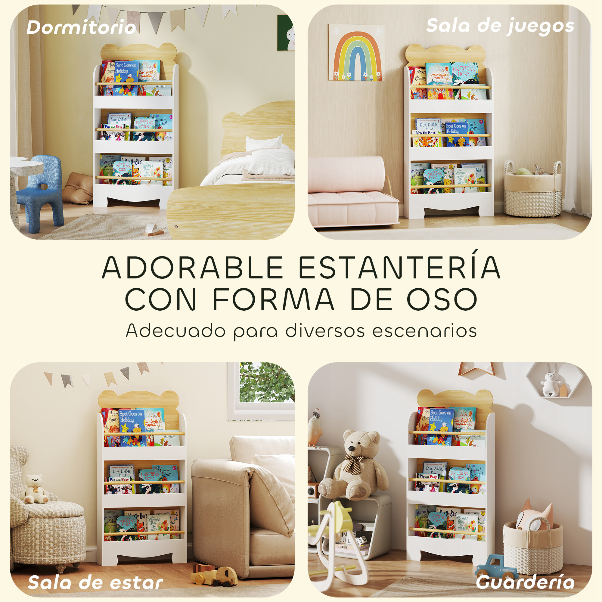 Librería Infantil de 3 Niveles Estantería para Libros Infantil Diseño de Osito para Sala de Juegos Dormitorio Guardería Natural