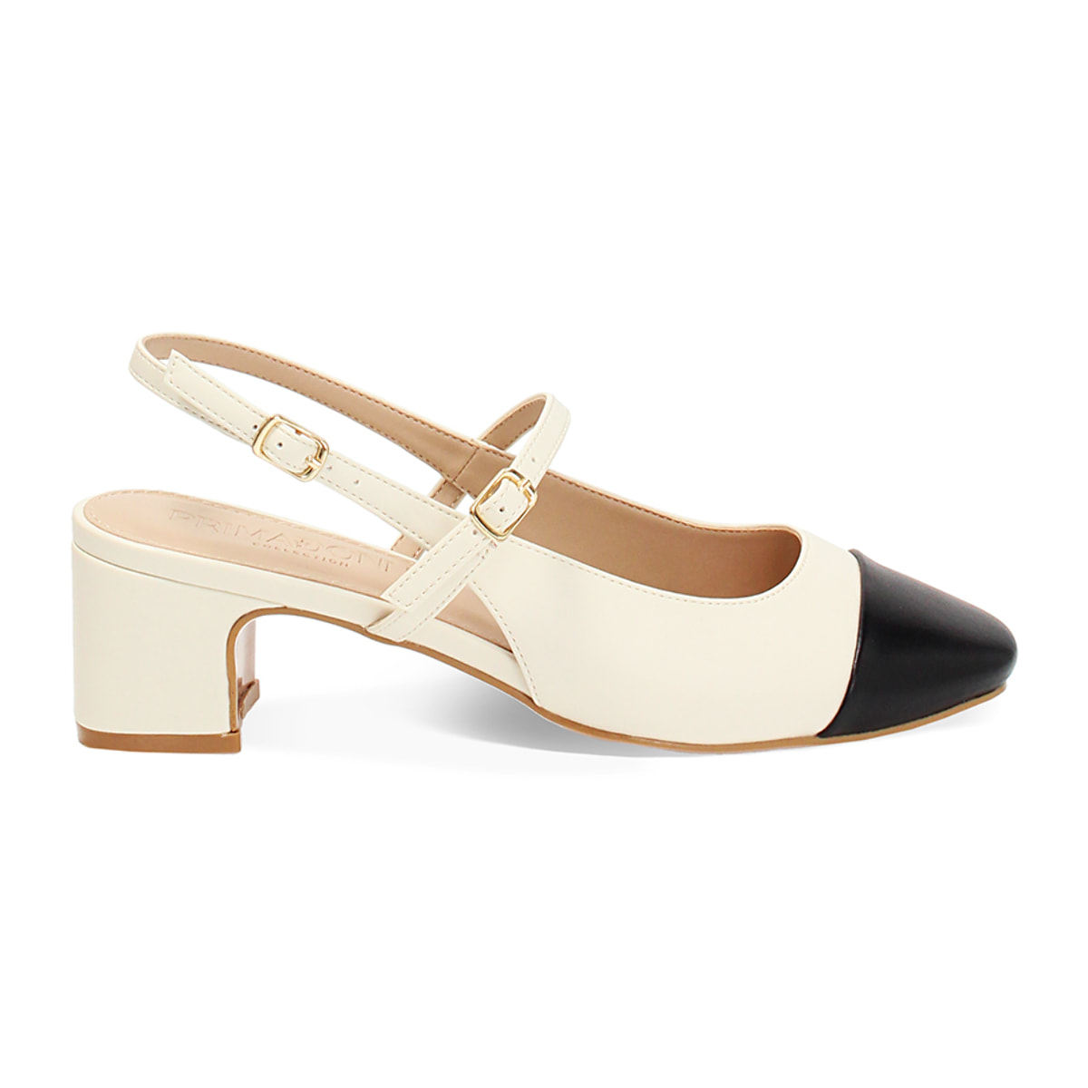 Décolleté slingback donna panna-nere, tacco largo 5 cm