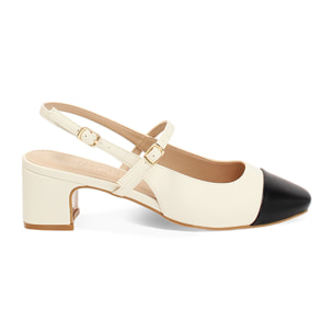 Décolleté slingback donna panna-nere, tacco largo 5 cm