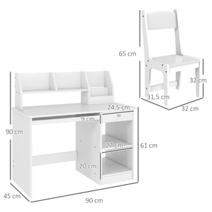 Bureau enfant multi-rangement - ensemble bureau, chaise, étagère - tiroir, plateau coulissant, 2 niches, 2 étagères, 2 présentoirs livres - blanc