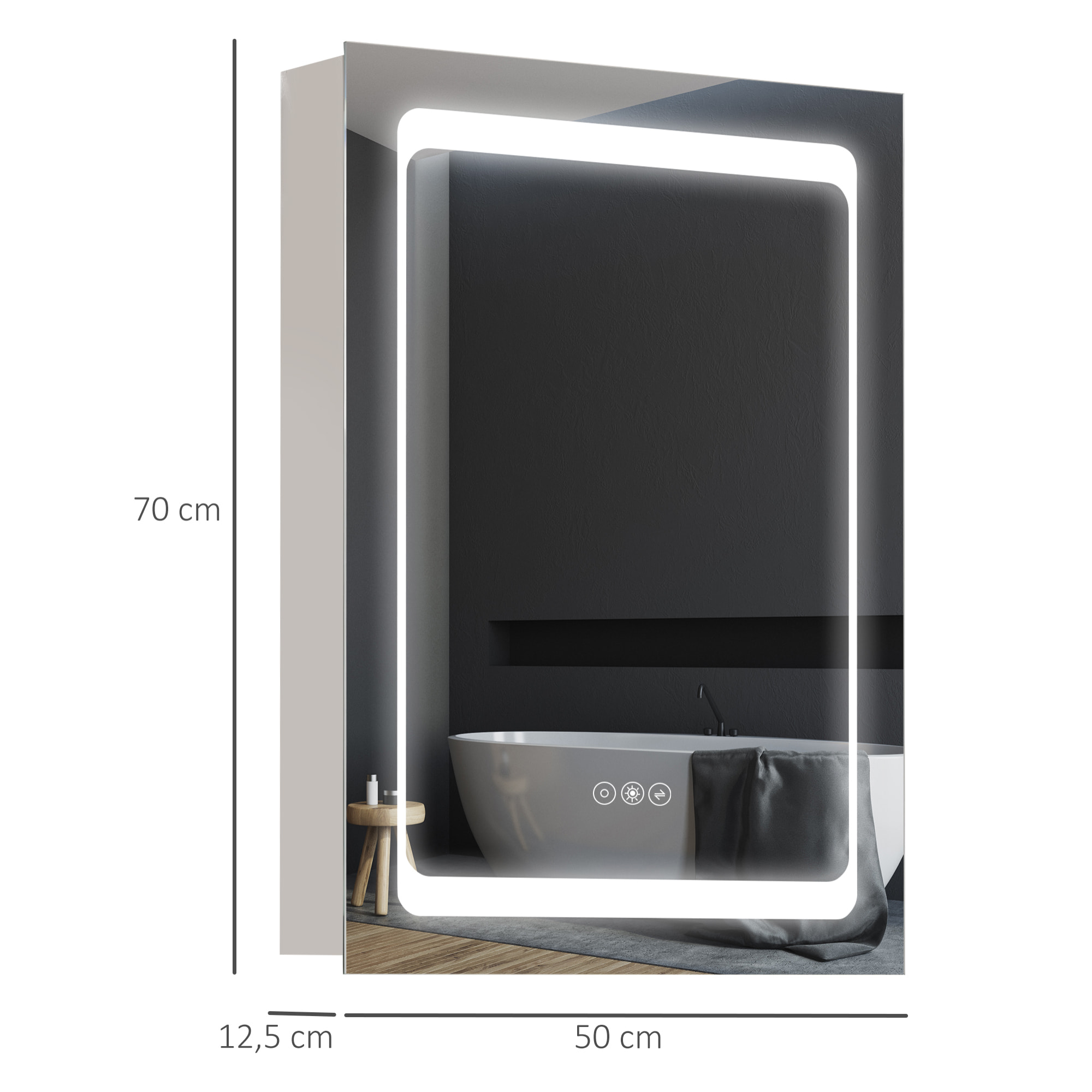 Armoire murale miroir lumineux LED 2 en 1 - 3 étagères - lumière réglable, interrupteur tactile - dim. 50L x 12,5P x 70H cm - acier inox.