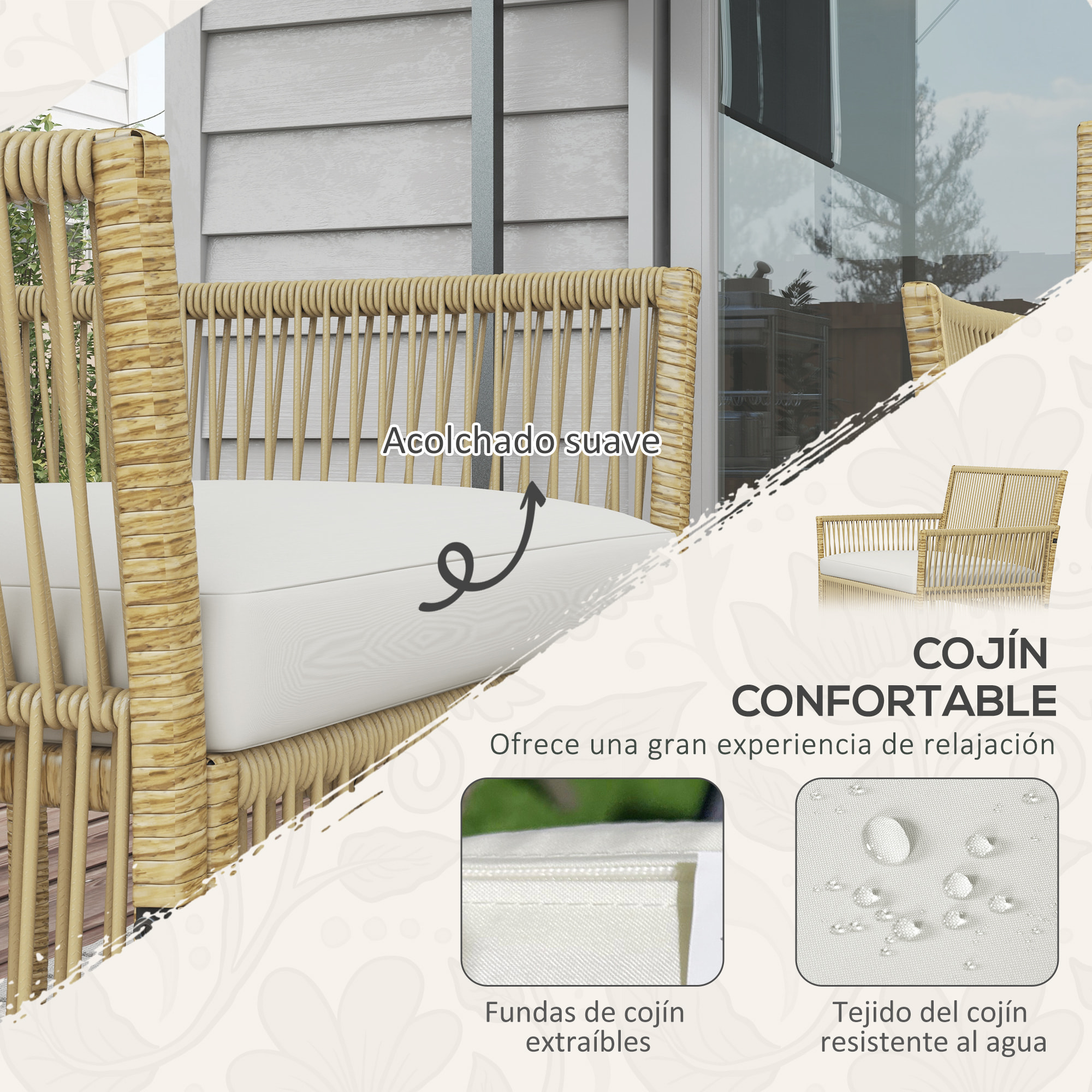 Conjunto de Muebles de Jardín de Ratán Juego de 4 Piezas Muebles de Terraza con 1 Sofá de 2 Plazas 2 Sillones Cojines y 1 Mesa de Centro de Tablero de Vidrio para Patio Natural y Beige