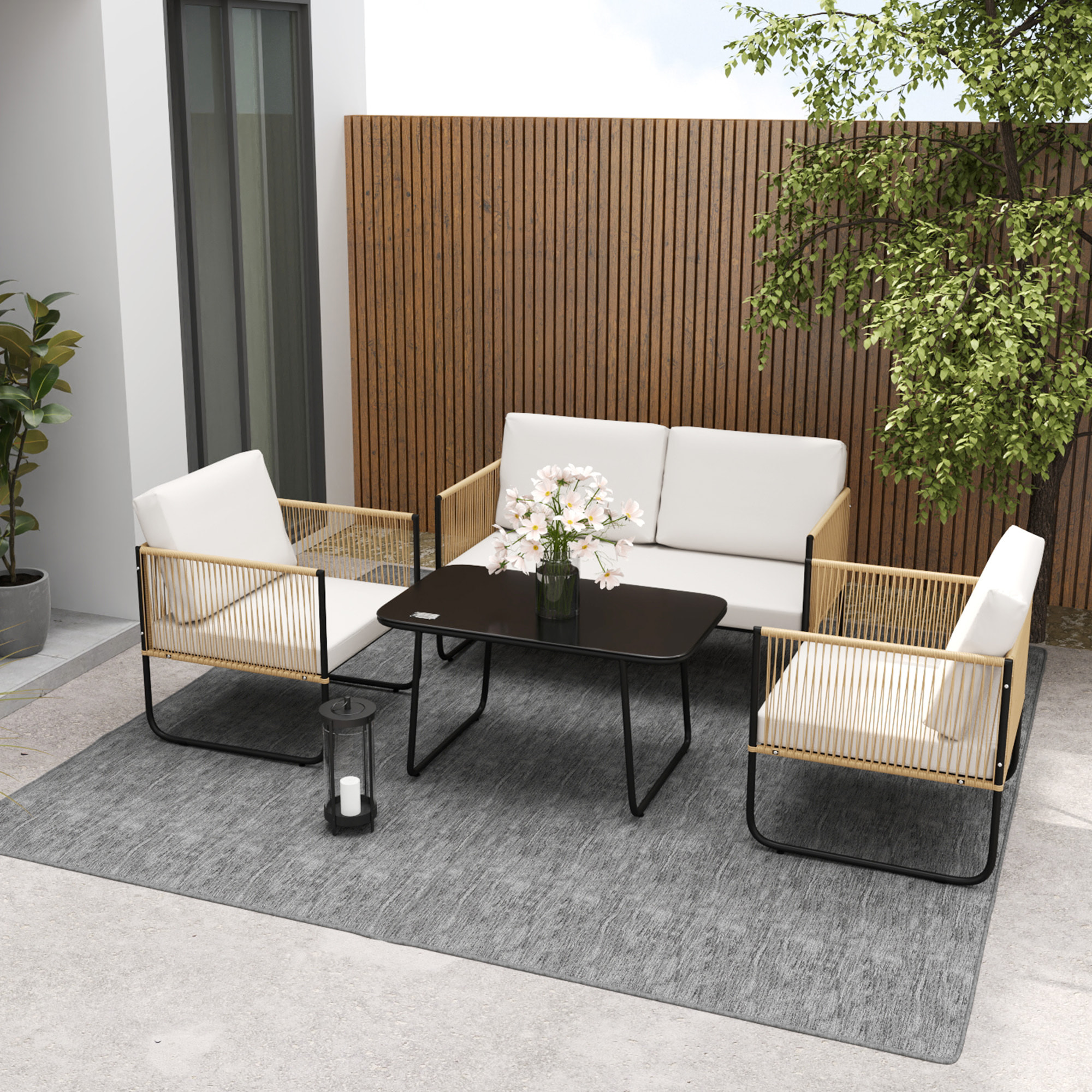 Salon de jardin 4 personnes 4 pièces style colonial acier noir résine filaire naturel