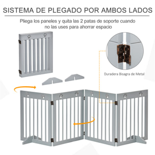 Barrera para Perros Plegable de 4 Paneles Barrera de Seguridad para Perros con Estructura de Madera y Patas de Apoyo para Pasillo Escalera 204x30x61 cm Gris Claro