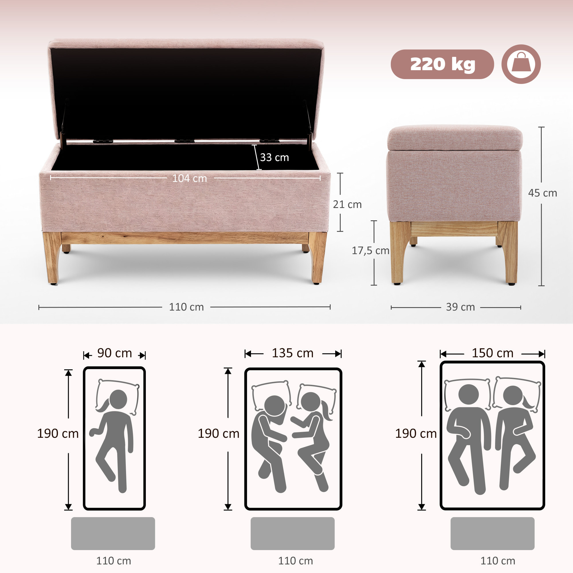 Banquette coffre de rangement 2 en 1 style scandinave dim. 110L x 39l x 45H cm tissu rose