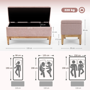 Banquette coffre de rangement 2 en 1 style scandinave dim. 110L x 39l x 45H cm tissu rose
